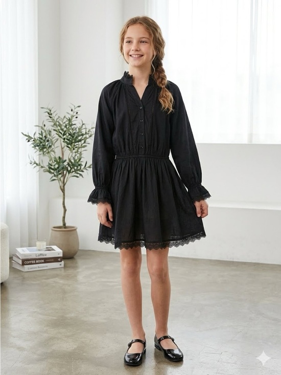 designers remix Dresses & Skirts - Girls' Black Long-Sleeve Lace-Trim Smocked Waist Dress Size12 100%Organic cotton